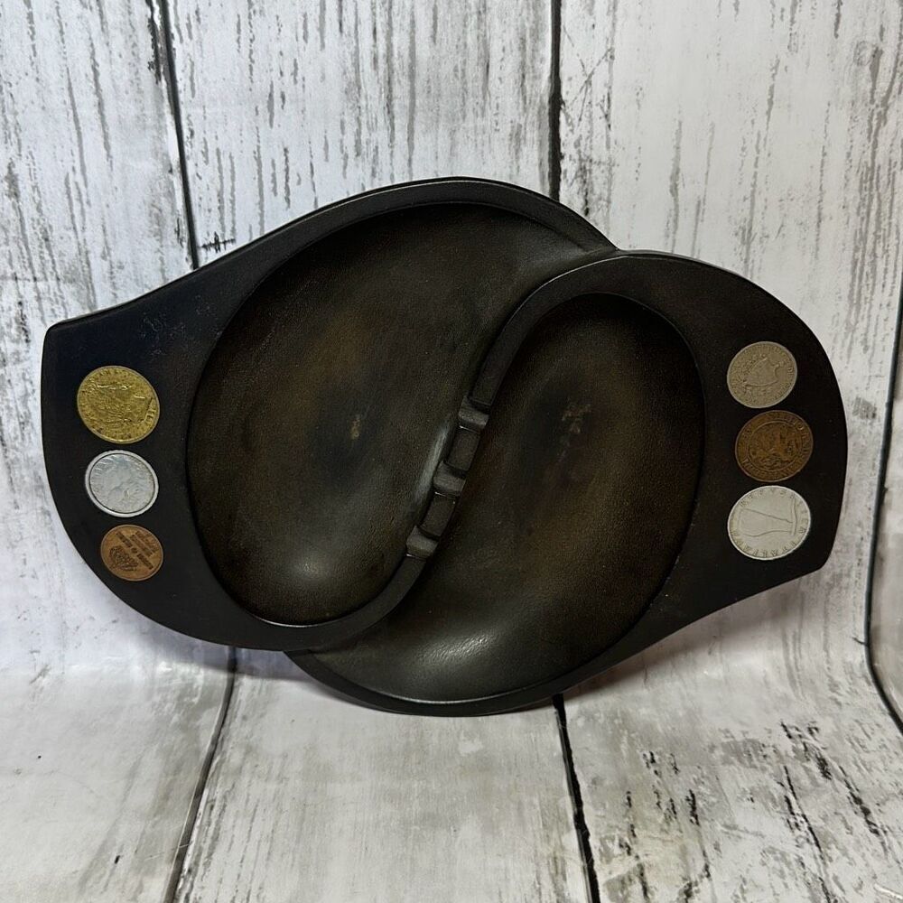 Vintage Coin Brown Wooden Ashtray Silver Gold Copper‎ Coins